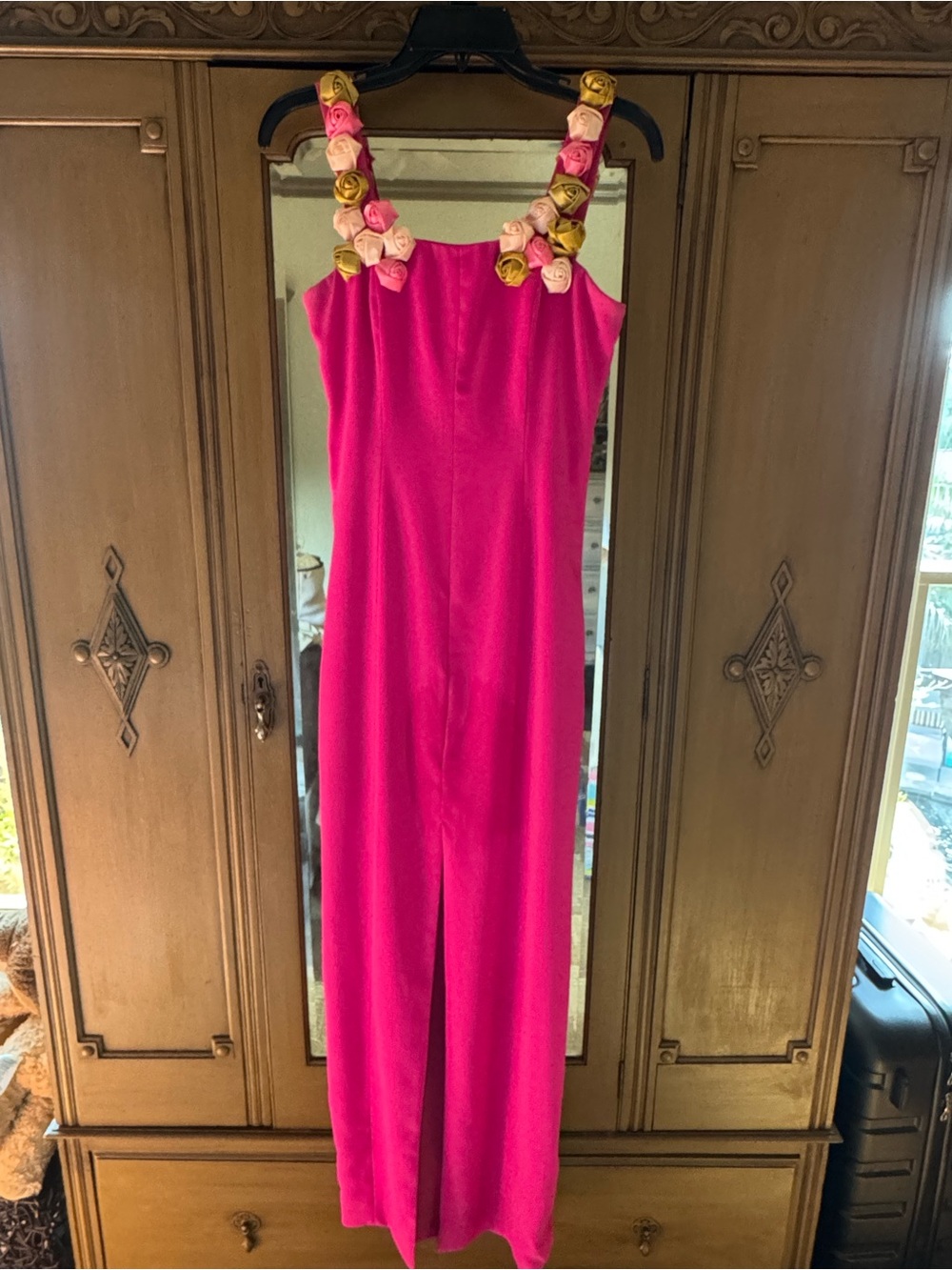 JAYGODFREY Hot Pink Long Dress with custom Rose-Embellished Straps